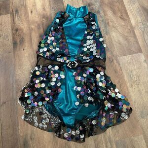 A Wish Come True 21658X Teal Metallic Black Mesh Silver Accent Dance Costume Jaz